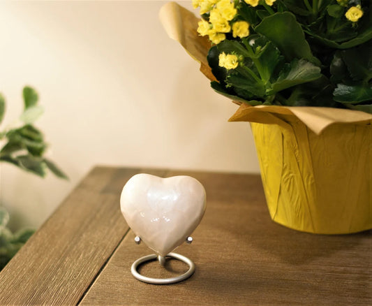 Pearl White Heart : Cremation Urn for human ashes | Keepsake Cremation Urn | Miniature Handcrafted Urn 3" | With Stand