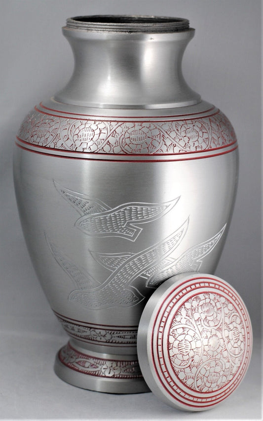 Silver Doves : Human Ashes Cremation Urn | Ruby Red Memorial Urn | Handcrafted, Engraved Urn | Large, Adult Urn | 11" | with Velvet Bag