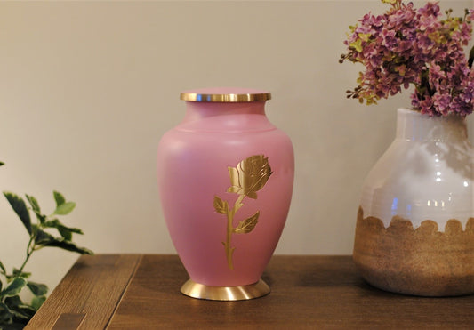 Golden Rose : Blush Pink Cremation Urn for Human Ashes | Adult Brass Cremation Urn | Large Handcrafted Urn | 10" X 6.5" | with Velvet Bag