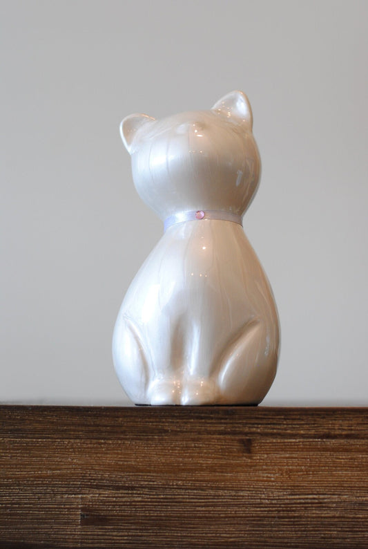 Proud Cat : Pet Cremation Urn | Handcrafted Pet Ashes Cremation Urn | White Enamel Cat Urn | Pearl White Cat Urn | 8.3" X 4.3"