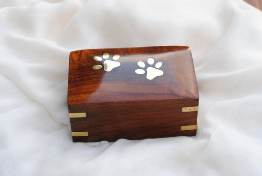 Cute Paws on Wood : Rosewood Pet Cremation Urn | Dog Ashes Cremation Urn | Inlaid Brass Paws | Handcrafted Wooden Pet Urn | 6"X4" and 5"X3"