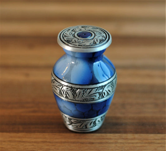 Cloudy Blue Sapphire Cremation Keepsake Urn for human ashes | Miniature Cremation Urn | Handcrafted Memorial Urn 3" | with Velvet Box & Bag