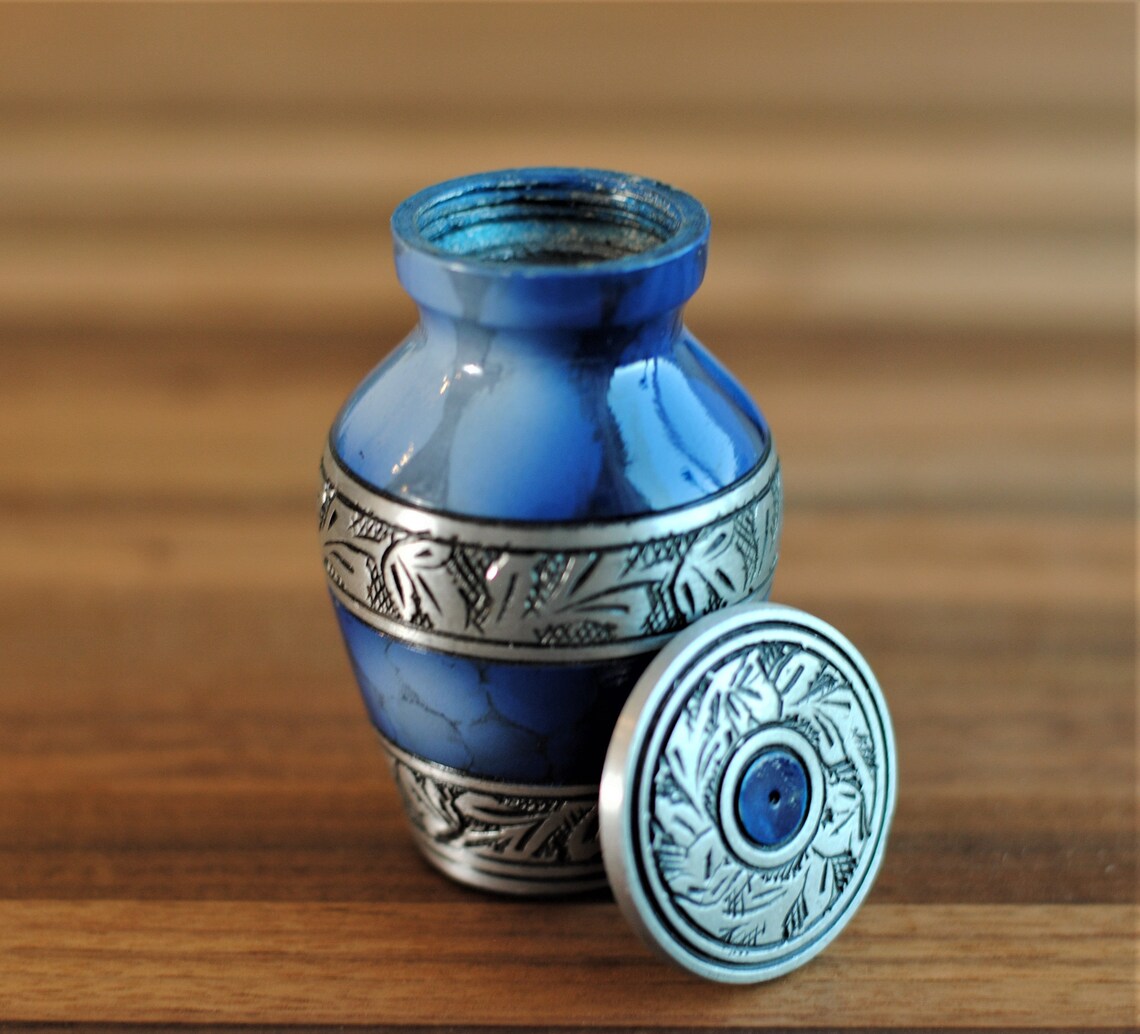 Cloudy Blue Sapphire Cremation Keepsake Urn for human ashes | Miniature Cremation Urn | Handcrafted Memorial Urn 3" | with Velvet Box & Bag