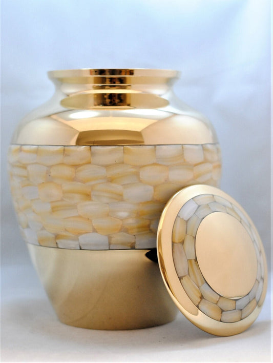 Mother of Pearl Cremation Urn | Golden Brass Human Ashes Cremation Urn | Adult Handcrafted Urn | Large 9" X 7" | with Velvet Bag