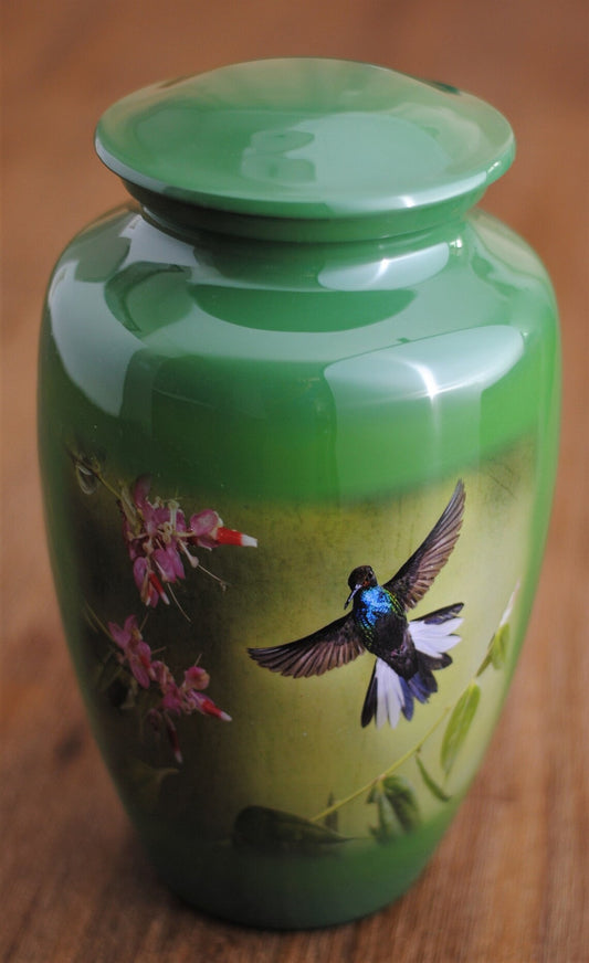 Green Hummingbird : Cremation Urn for Human Ashes | Memorial Adult Handcrafted Cremation Urn | Affordable Green Color Urn | Large 10.5"