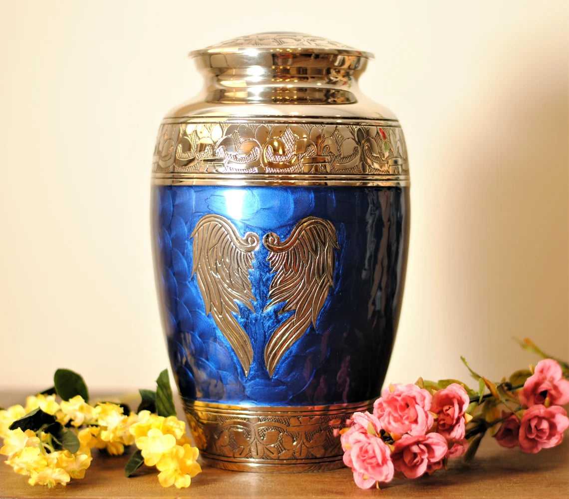 Celestial Wings : Cremation Urn for Human Ashes | Adult Memorial Blue Urn | Angel Wings Handcrafted Brass Urn | Large 10"