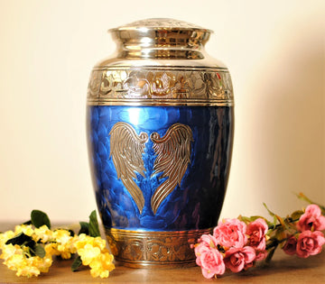 Celestial Wings : Cremation Urn for Human Ashes | Adult Memorial Blue Urn | Angel Wings Handcrafted Brass Urn | Large 10"