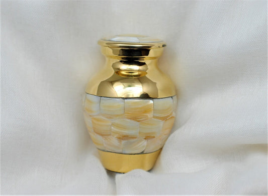 Mother of Pearl Cremation Keepsake Urn for human ashes | Golden Brass Miniature Urn | Memorial Urn | 3" | with Velvet Box & Bag