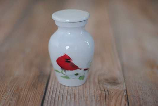 Solitary Soul : Cremation Urn for Human Ashes | Memorial Red Cardinal Keepsake Urn | White Handcrafted Urn 3" | with Velvet Bag & Box