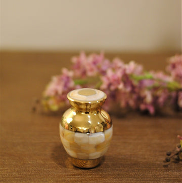 Mother of Pearl Cremation Keepsake Urn for human ashes | Golden Brass Miniature Urn | Memorial Urn | 3" | with Velvet Box & Bag