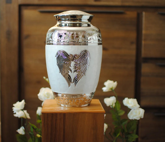 Celestial Wings : Cremation Urn for Human Ashes | Adult Memorial White Urn | Angel Wings Handcrafted Brass Urn | Large 10" | with Velvet Bag