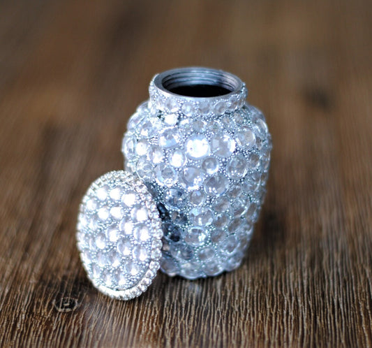 Diamond Sprinkled : Cremation Urn for Human Ashes | Crystal Studded Keepsake Urn | Miniature Handcrafted 3" Urn | with Velvet Bag & Box