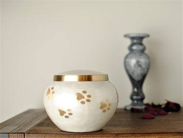 Cute Golden Paws : Pet Ashes Cremation Urn | Pearl White Pet Urn | Dog Urn | Cat Urn | Handcrafted Round Shape Pet Urn | 6" X 4.6"