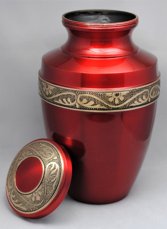 Gold on Crimson : Cremation Urn for Human Ashes | Golden Engraved on Crimson Urn | Handcrafted Adult Brass Urn | Large 11" | with Velvet Bag