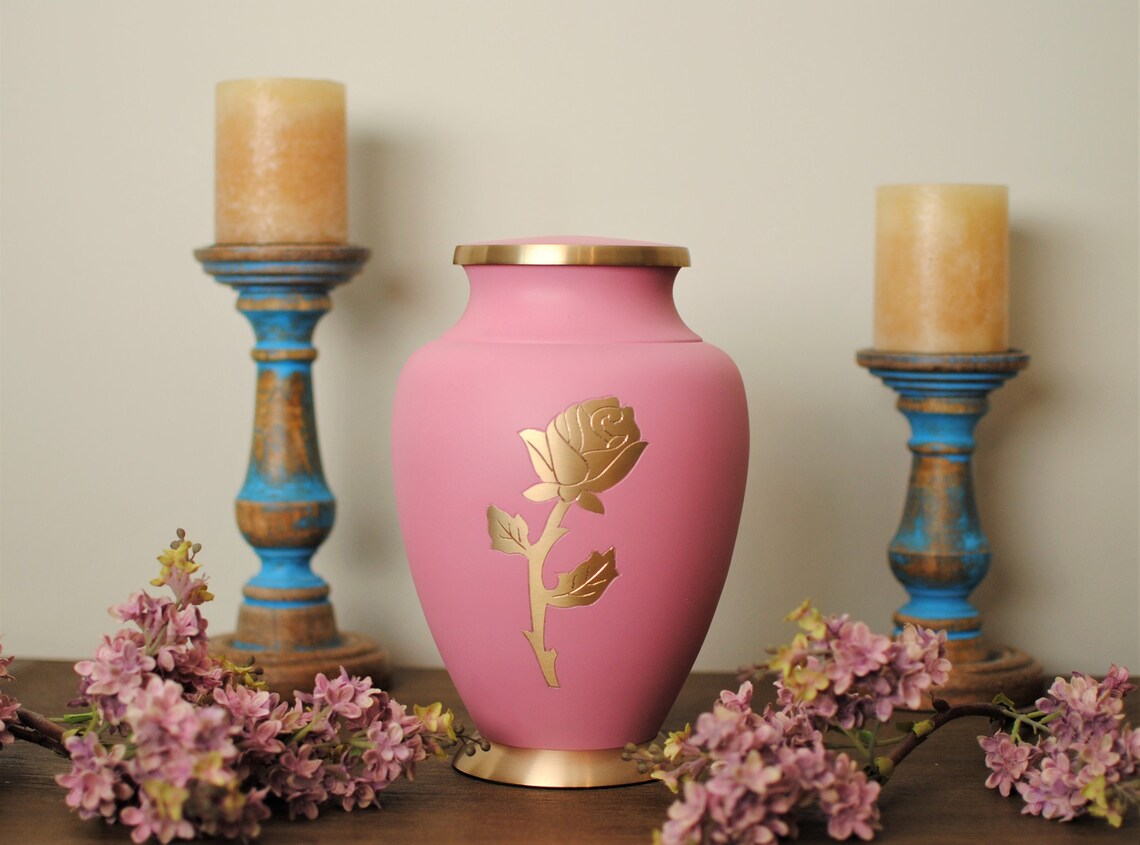 Golden Rose : Blush Pink Cremation Urn for Human Ashes | Adult Brass Cremation Urn | Large Handcrafted Urn | 10" X 6.5" | with Velvet Bag