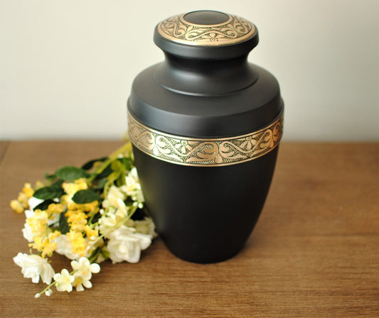 Gold on Black : Cremation Urn for Human Ashes | Handcrafted Adult Brass Urn | Golden Engraved on Black Urn | Large 11" | with Velvet Bag