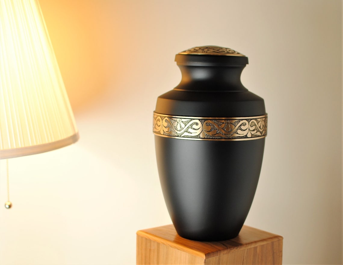 Gold on Black : Cremation Urn for Human Ashes | Handcrafted Adult Brass Urn | Golden Engraved on Black Urn | Large 11" | with Velvet Bag