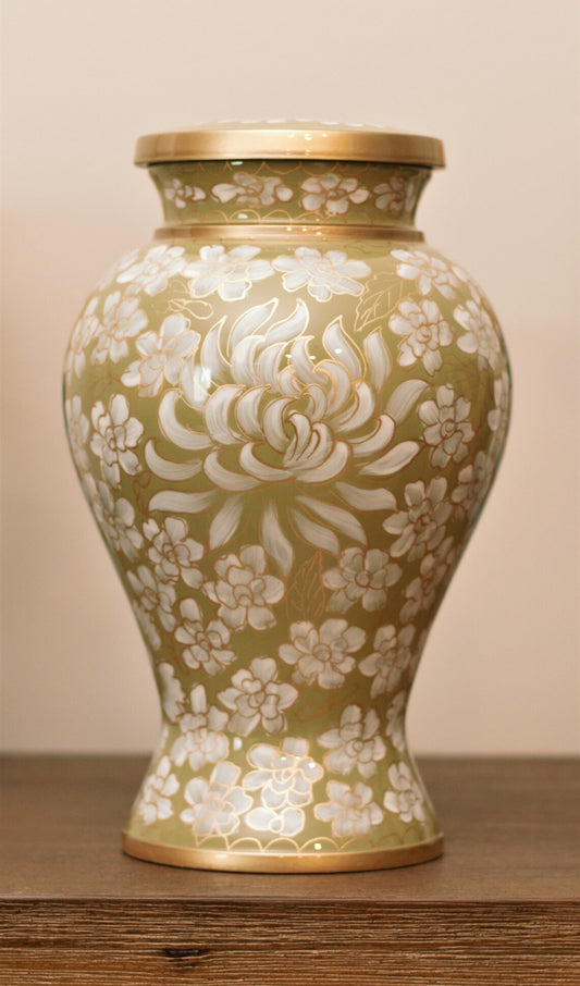 Cloisonné Style Cremation Urn for Human Ashes | Handcrafted Greenish Yellow Urn | Periwinkle Flowers Urn | Adult 11"X7" | with Velvet Bag