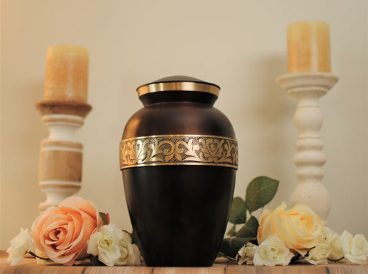 Gold on Brown : Cremation Urn for Human Ashes | Brass Golden Handcrafted Urn | Walnut Brown Engraved Urn | Adult 10.25" | with Velvet Bag