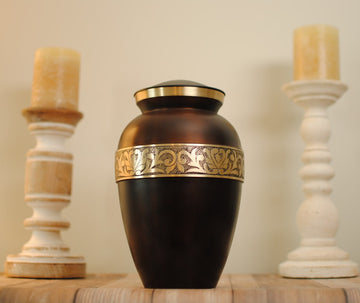 Gold on Brown : Cremation Urn for Human Ashes | Brass Golden Handcrafted Urn | Walnut Brown Engraved Urn | Adult 10.25" | with Velvet Bag