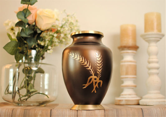 Memorial Wheat : Cremation Urn for Human Ashes | Umber Brown Wheat Spike Design Urn | Brass Handcrafted Urn | Adult 10" | with Velvet Bag