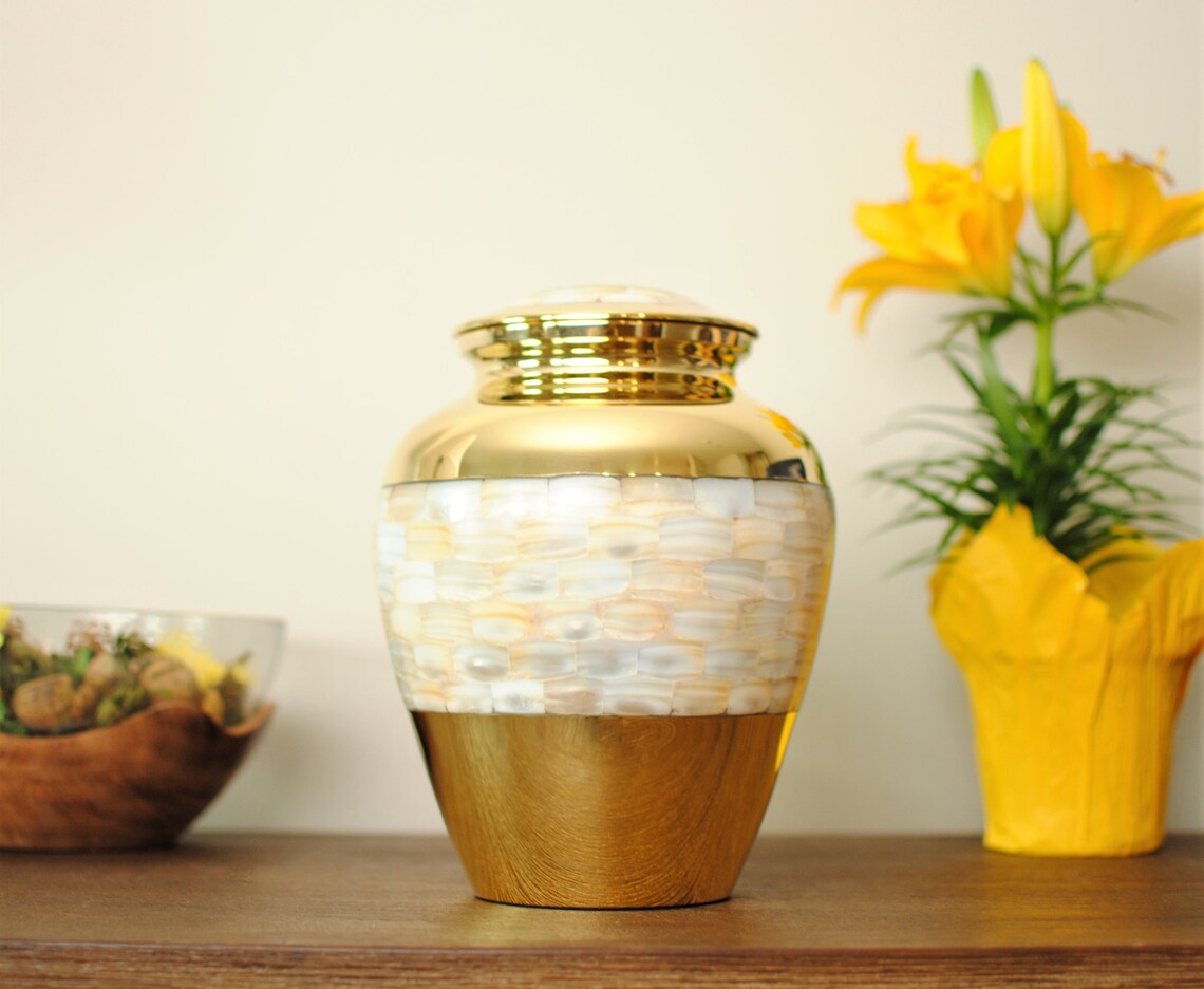 Mother of Pearl Cremation Urn | Golden Brass Human Ashes Cremation Urn | Adult Handcrafted Urn | Large 9" X 7" | with Velvet Bag