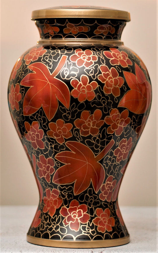 Cloisonné Cremation Urn for Human Ashes | Hand Painted Maple Red Urn | Floral Pattern Handcrafted Urn | Adult 11"X7" | with Velvet Bag