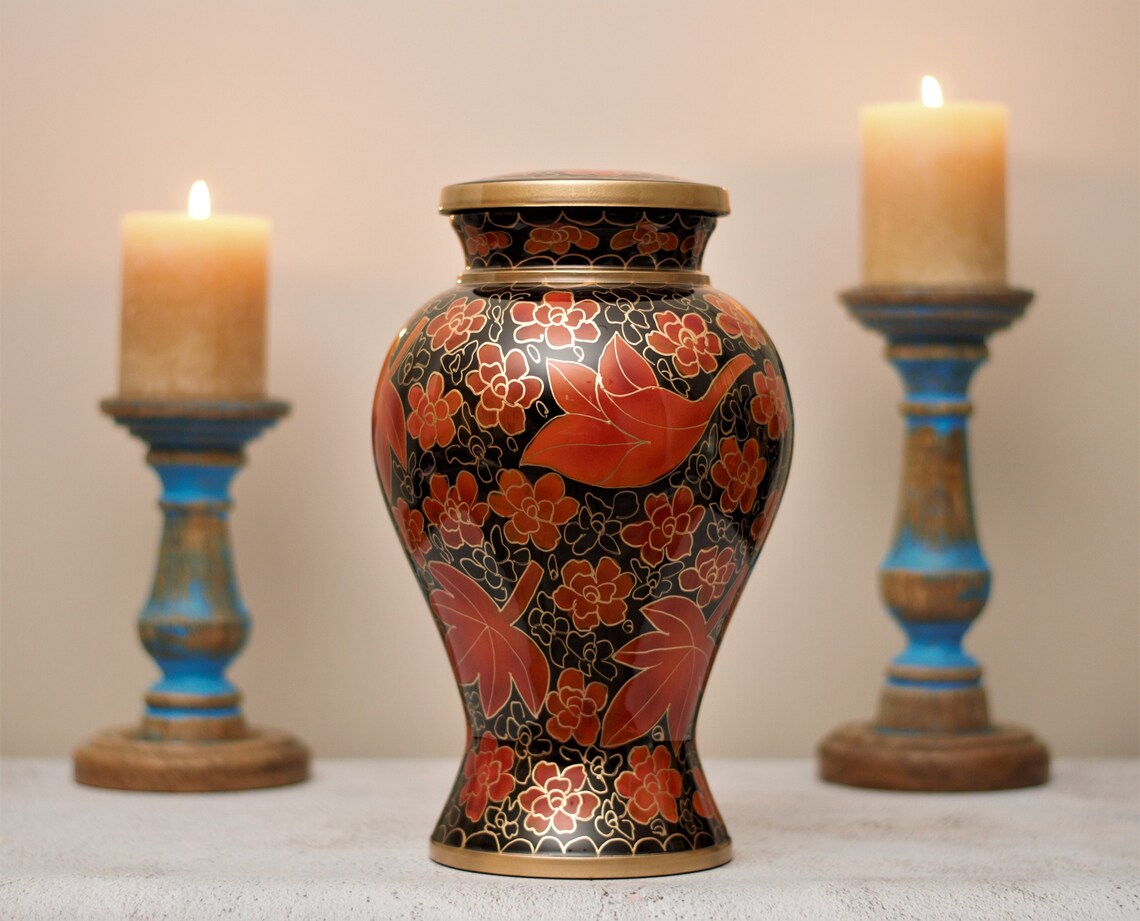 Cloisonné Cremation Urn for Human Ashes | Hand Painted Maple Red Urn | Floral Pattern Handcrafted Urn | Adult 11"X7" | with Velvet Bag