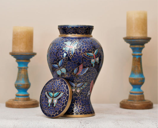 Cloisonné Cremation Urn for Human Ashes | Hand Painted Classical Butterflies Urn | Floral Royal Blue Urn | Adult 11"X7" | with Velvet Bag