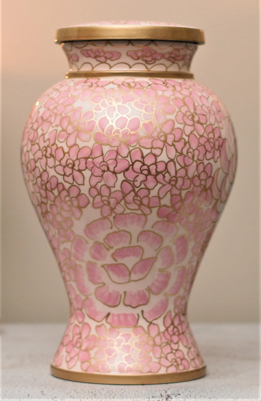 Cloisonné Cremation Urn for Human Ashes | Hand Painted Classical Pink Urn | Floral Pattern Handcrafted Urn | Adult 11"X7" | with Velvet Bag