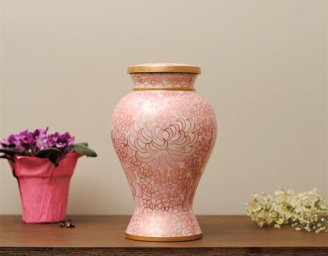 Cloisonné Cremation Urn for Human Ashes | Hand Painted Classical Pink Urn | Floral Pattern Handcrafted Urn | Adult 11"X7" | with Velvet Bag