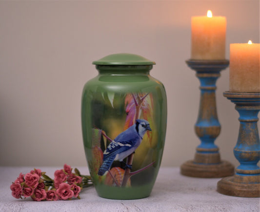 Blue Jay : Cremation Urn for Human Ashes | Memorial Songbird Cremation Urn | Adult Green Cremation Handcrafted Urn | Large 10"