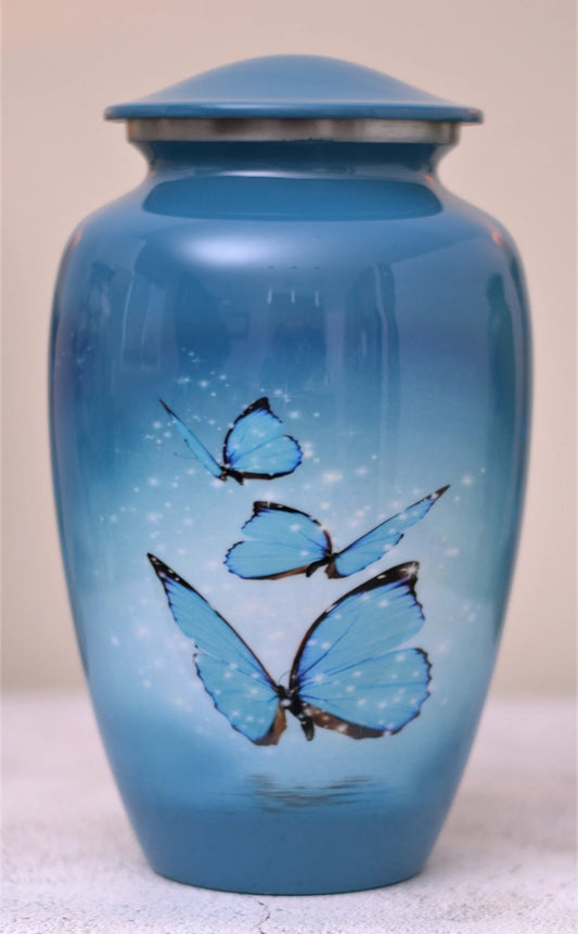 Floating Butterflies : Cremation Urn for Human Ashes | Memorial Blue Morpho Butterfly Cremation Urn | Adult Blue Cremation Urn | Large 10"