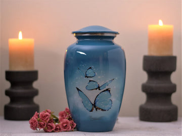 Floating Butterflies : Cremation Urn for Human Ashes | Memorial Blue Morpho Butterfly Cremation Urn | Adult Blue Cremation Urn | Large 10"