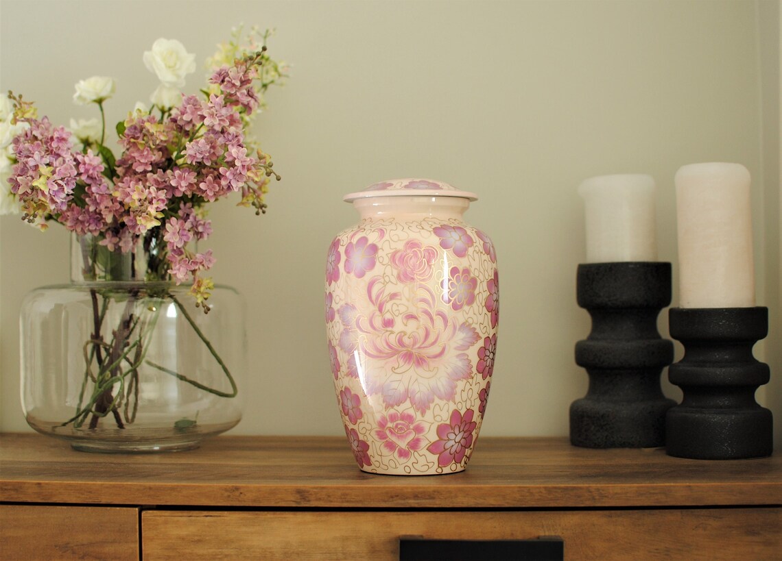 Lilac Cremation Urn for Human Ashes | Hand Painted Memorial Cremation Urn | White Floral Handcrafted Adult Urn | Large 10.5"