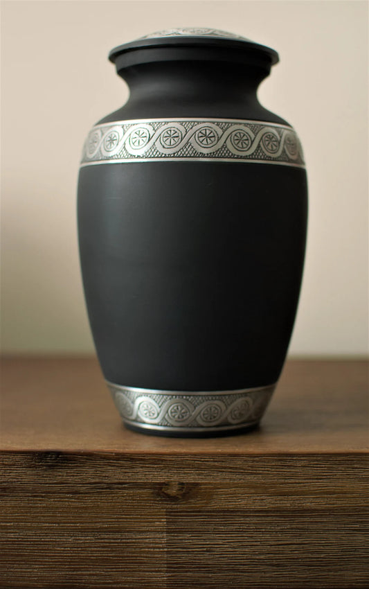 Silver on Black : Cremation Urn for Human Ashes | Handcrafted Cremation Urn | Silver Engraved on Black Urn | Adult 10.5"