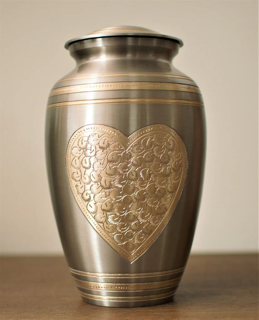 Heart on Brass : Cremation Urn for Human Ashes | Adult Handcrafted Cremation Urn | Heart Memorial Engraved Brass Urn | Large 10"