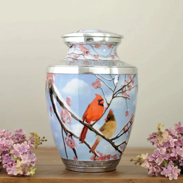 Northern Cardinals : Cremation Urn for Human Ashes | Handcrafted Cardinal Pair Cremation Urn | Adult Memorial Sky-blue Urn | Large 10.5"