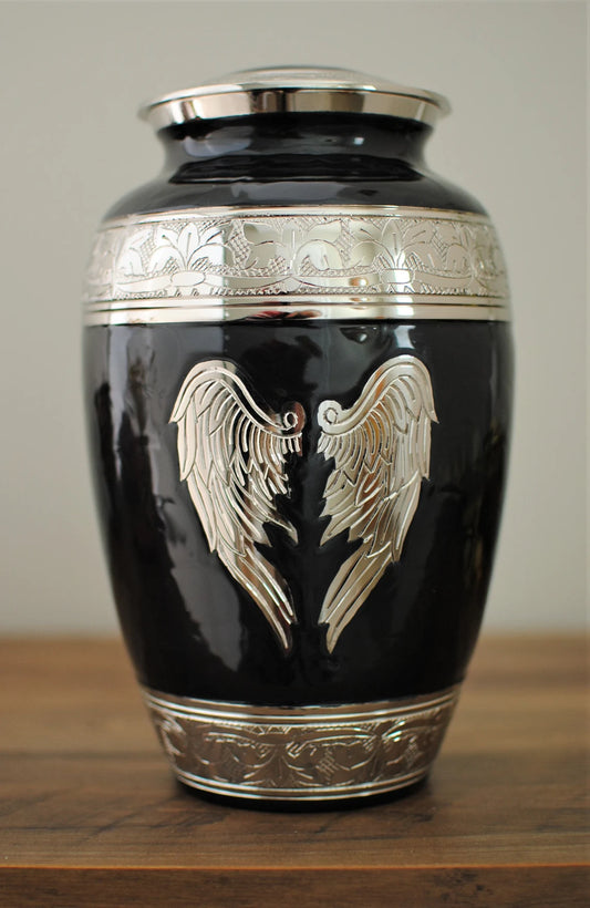 Celestial Wings : Cremation Urn for Human Ashes | Adult Memorial Black Urn | Angel Wings Handcrafted Brass Urn | Large 10" | with Velvet Bag