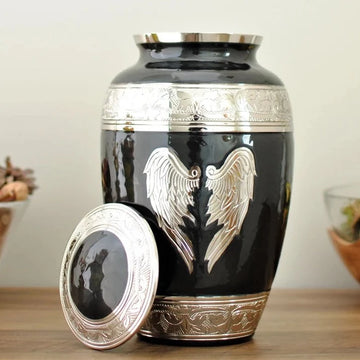 Celestial Wings : Cremation Urn for Human Ashes | Adult Memorial Black Urn | Angel Wings Handcrafted Brass Urn | Large 10" | with Velvet Bag