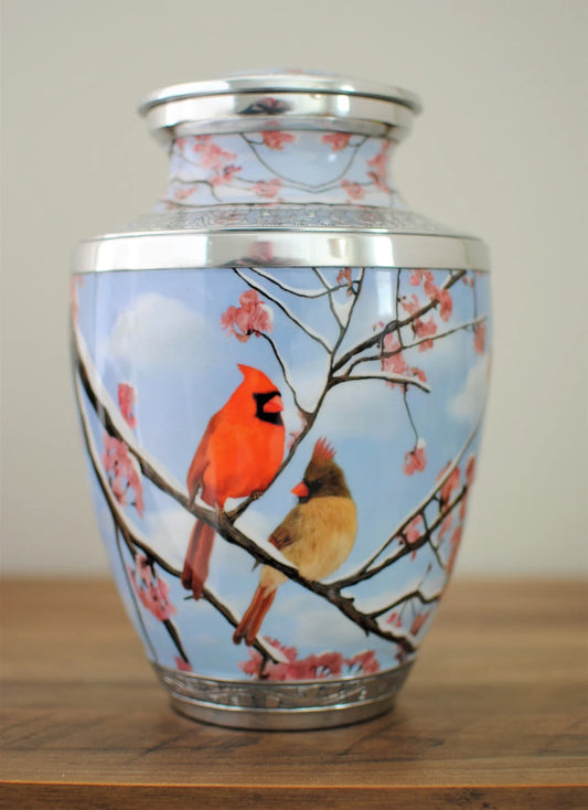 Northern Cardinals : Cremation Urn for Human Ashes | Handcrafted Cardinal Pair Cremation Urn | Adult Memorial Sky-blue Urn | Large 10.5"