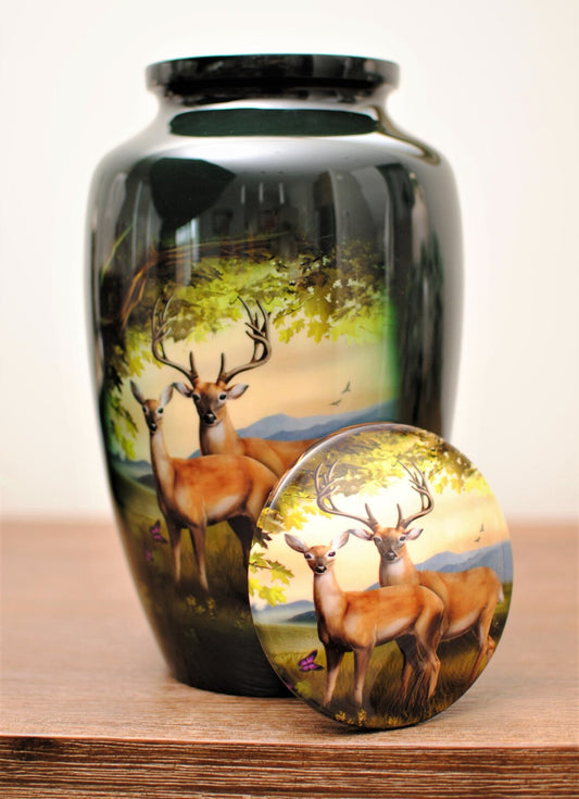 Deer Pair : Cremation Urn for Human Ashes | Green Adult Handcrafted Urn | Memorial Deer Urn | Companion Urn | Large 10.5"