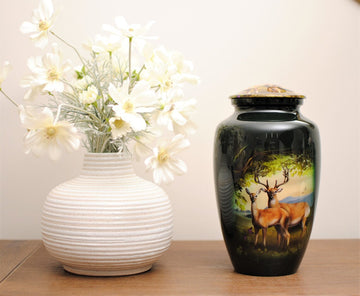 Deer Pair : Cremation Urn for Human Ashes | Green Adult Handcrafted Urn | Memorial Deer Urn | Companion Urn | Large 10.5"