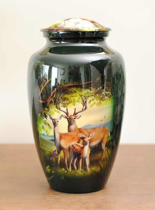 Deer Family Urn : Cremation Urn for Human Ashes | Memorial Buck, Doe, Fawn Picture Urn | Companion Green Handcrafted Adult Urn | Large 10.5"