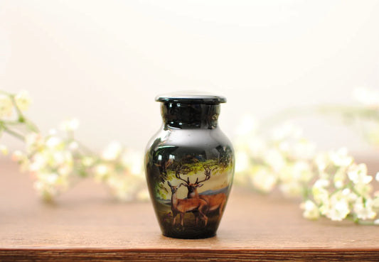 Deer Pair Urn : Cremation Keepsake Urn for Human Ashes | Deer Pair Companion Handcrafted Urn | Buck and Doe Picture Miniature Urn | 3"