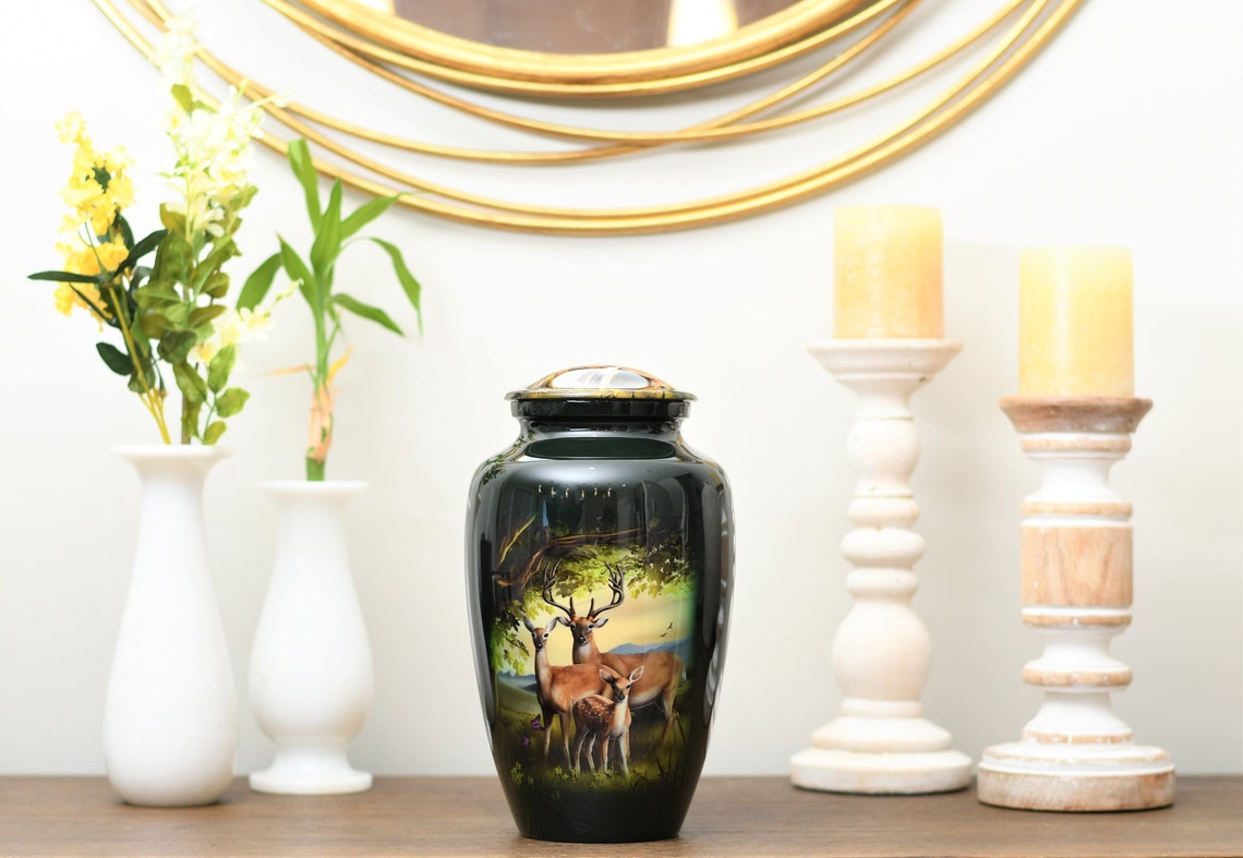 Deer Family Urn : Cremation Urn for Human Ashes | Memorial Buck, Doe, Fawn Picture Urn | Companion Green Handcrafted Adult Urn | Large 10.5"