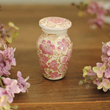 Lilac Cremation Keepsake for Human Ashes | Hand Painted Memorial Keepsake Urn | Pink Floral Design on Pearl White Miniature Urn | 3"