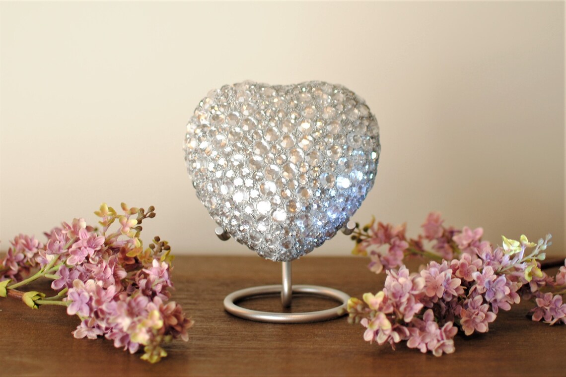 Diamond Sprinkled : Heart Cremation Urn for Human Ashes | Handcrafted Crystal Studded Heart Keepsake Urn | Medium 5"X5" | with Steel Stand