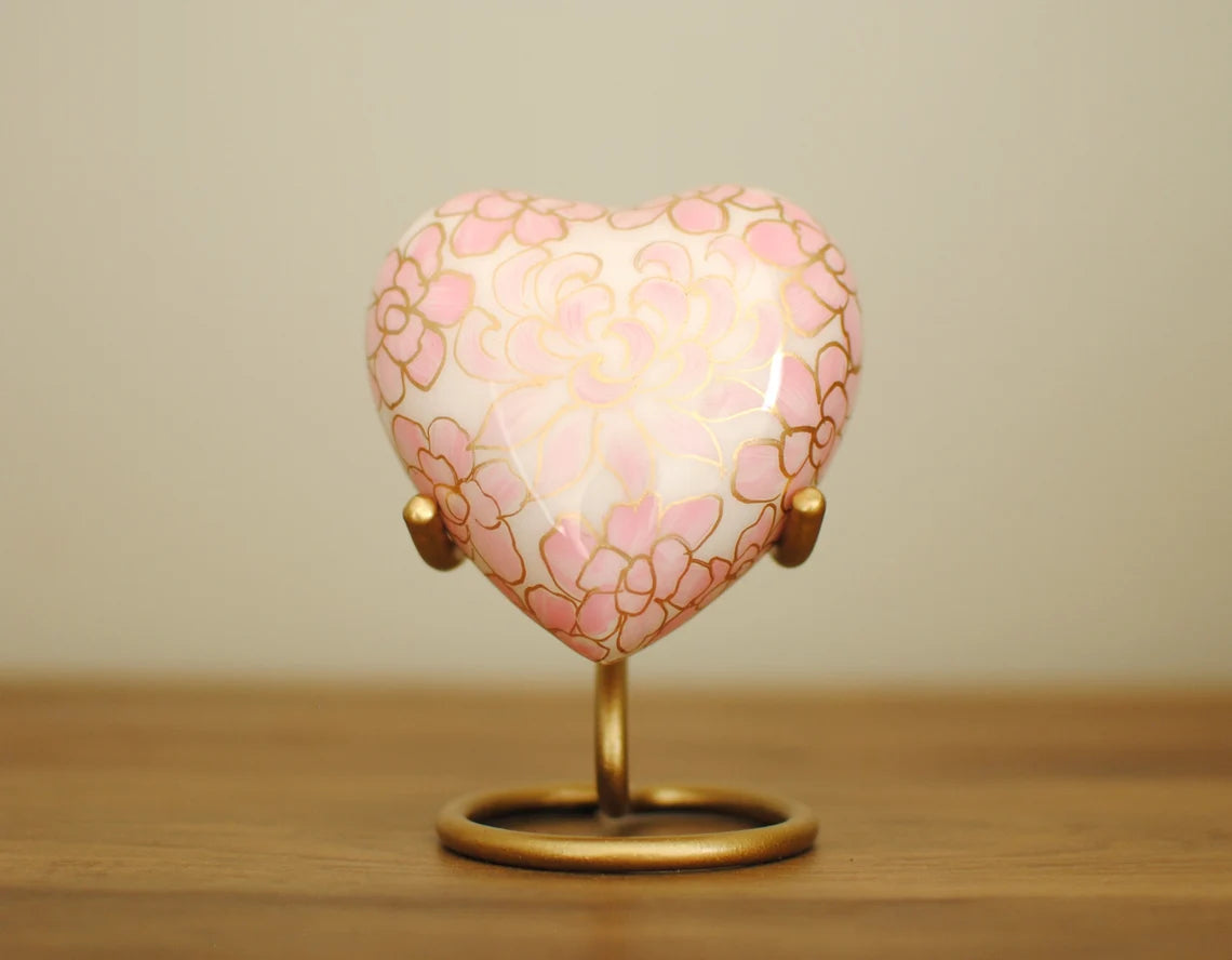 Cloisonné Cremation Heart for Human Ashes | Hand Painted Classical Pink Heart Keepsake Urn | Handcrafted Floral Pattern Heart Urn | 3"X3"