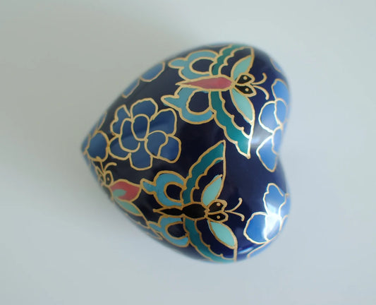 Cloisonné Cremation Heart Urn for Human Ashes | Hand Painted Classical Butterflies Keepsake Urn | Floral Royal Blue Handcrafted Urn | 3"X3